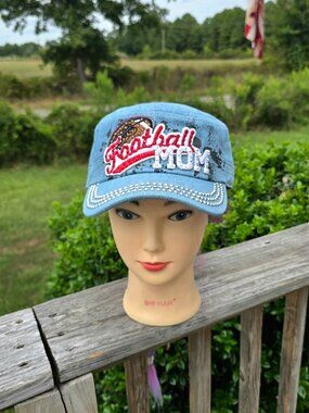 Ladies Lite Blue Denim Football Mom BLING Hat new no tags